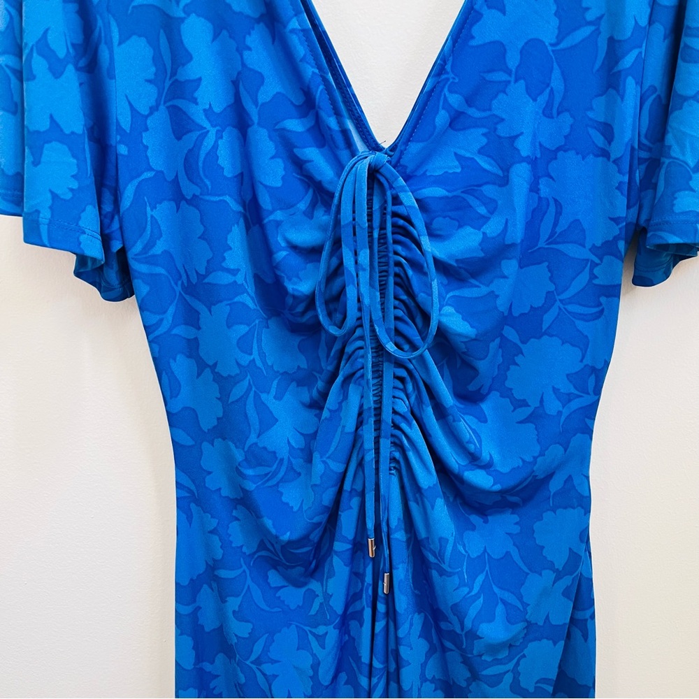 Michael Kors Blue Floral Ruched Flutter Sleeve Midi Dress - Picture 3 of 13